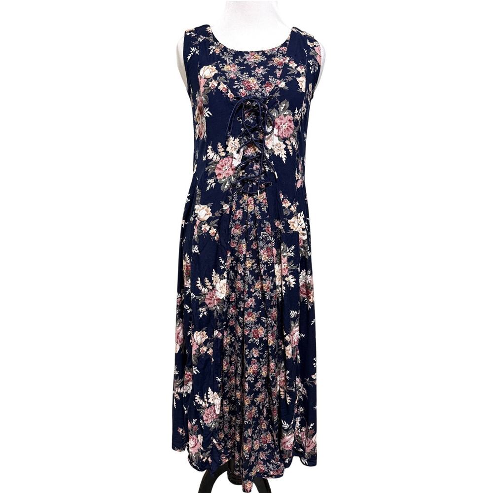 VTG Starina Floral Corset Lace Up Midi Dress M Blue Cottage Boho Festival 90s